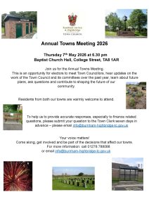 Poster advertising the Annual Towns meeting on 7th May 2026 at 6.30pm in the Baptist Church Hall, College Street