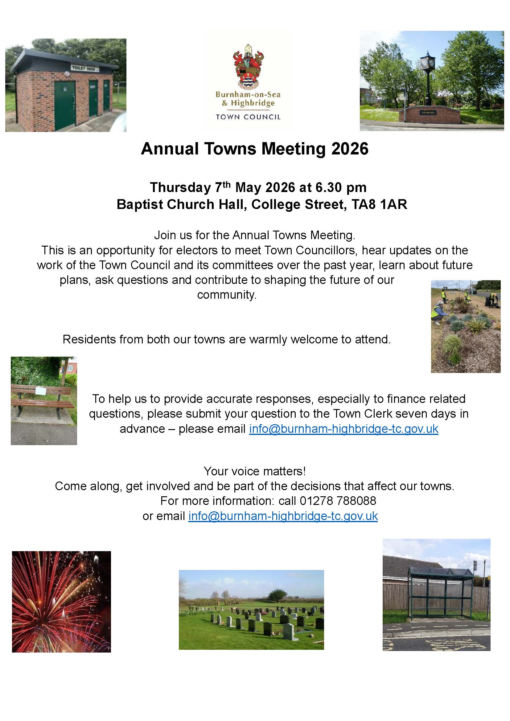 Poster advertising the Annual Towns meeting on 7th May 2026 at 6.30pm in the Baptist Church Hall, College Street